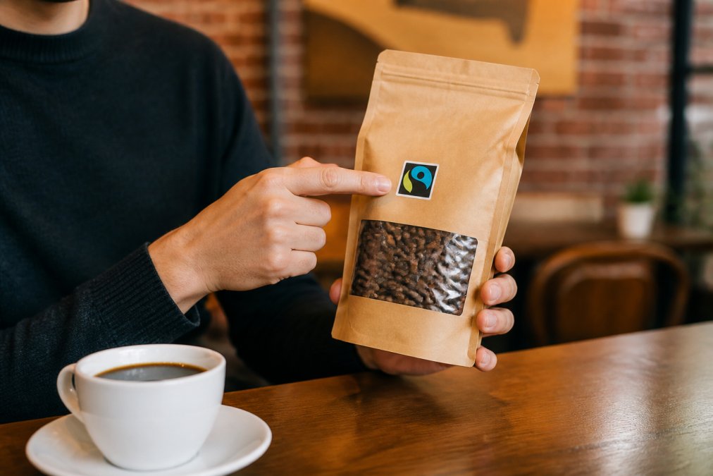 A person's hands holding a bag of whole coffee beans, pointing to a Fair Trade certification label on the package, with a cup of coffee nearby on a wooden table in a warm cafe setting