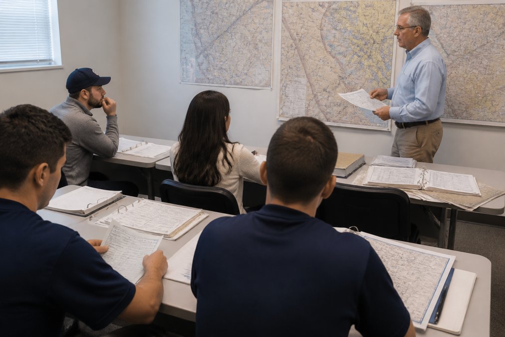 Aviation students reviewing flight plans and weather charts during FAA Part 65 aircraft dispatcher training.