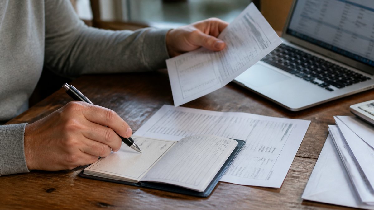 A close-up of a person's hands reviewing financial documents and a checkbook on a wooden desk, with a laptop showing account statements nearby