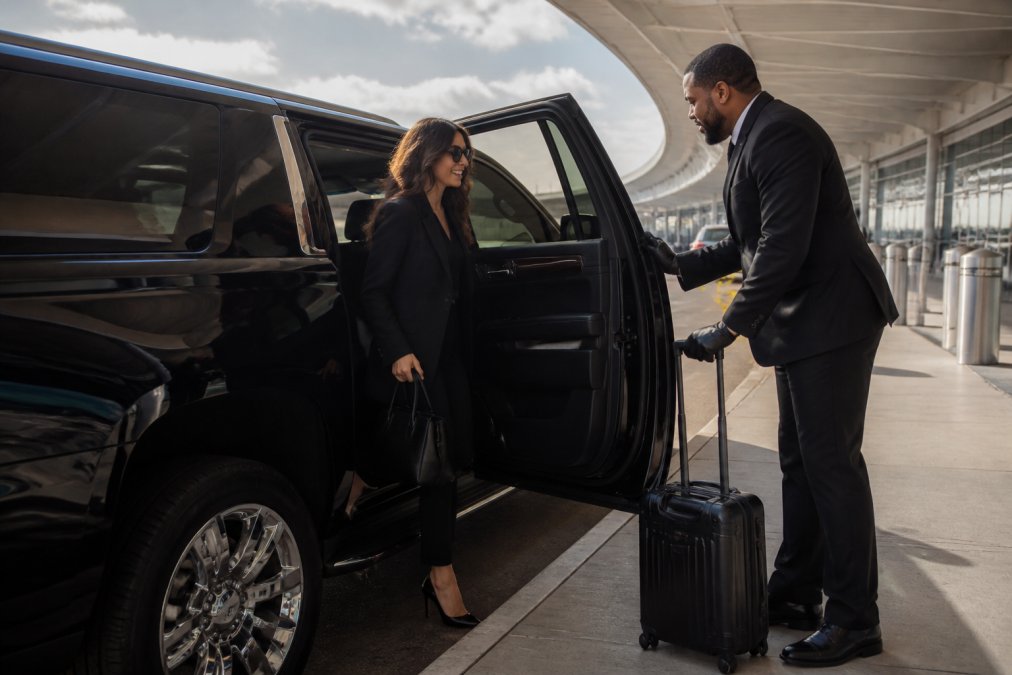 Passenger exiting luxury black SUV at Charlotte Douglas International Airport curbside with professional chauffeur assisting with luggage in afternoon light