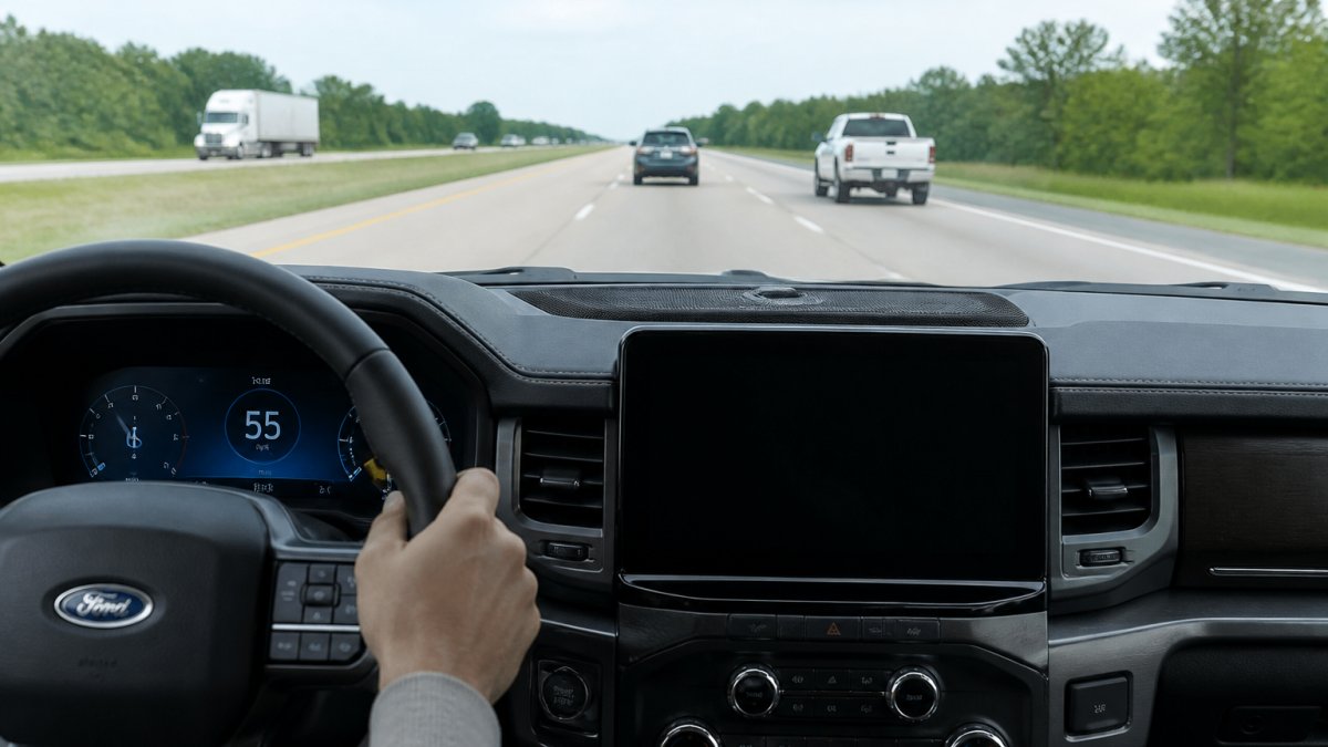A driver's view from the front seat of a 2026 Ford vehicle, dashboard screen showing driver-assist icons, road ahead visible through the windshield on a clear day