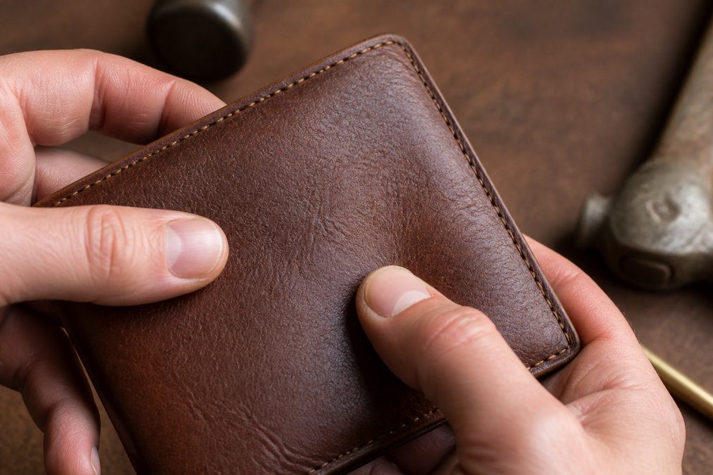 Close-up of hands examining full grain leather wallet surface, showing natural grain patterns, visible pores, and subtle color variations in natural daylight