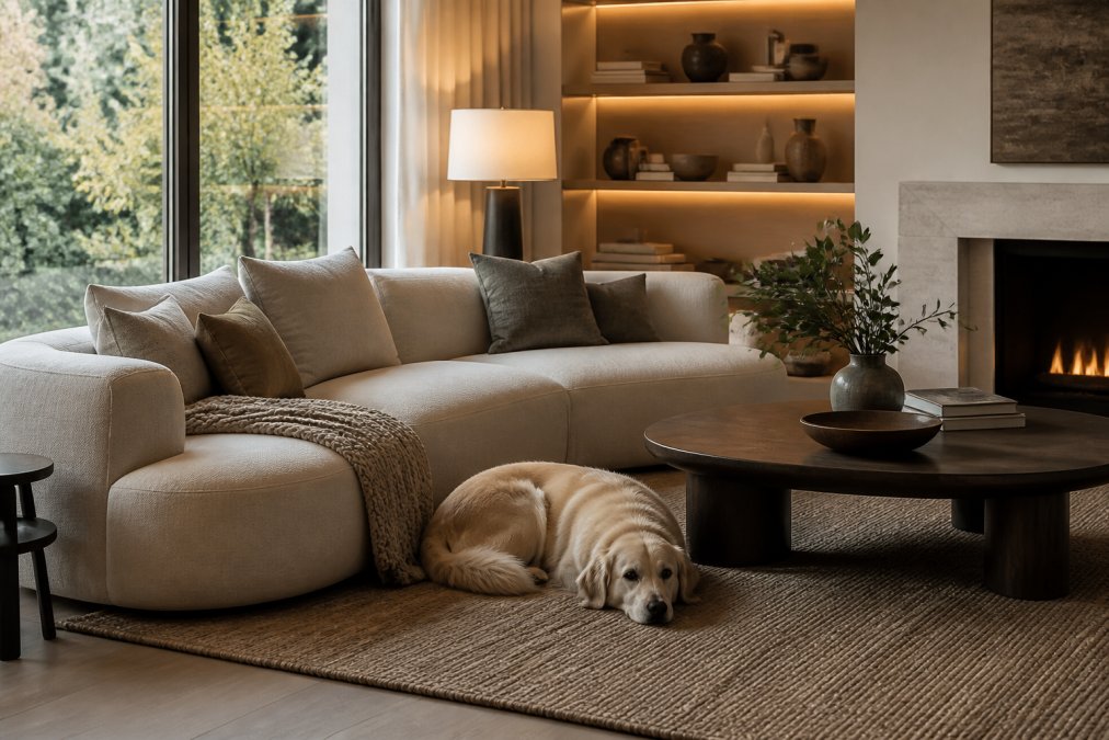 Infographic showing a functional luxury design process for styling a cozy, durable, and refined living room space.