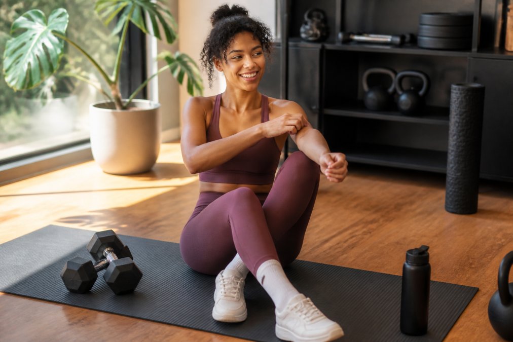 A young woman in a seamless matching workout set poses confidently in a home gym, showing what Gen Z is wearing to work out.
