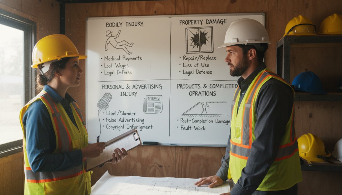 A business owner wearing a yellow hard hat reviewing a policy binder with an insurance agent at a portable desk inside a construction site office trailer, afternoon light coming through a small window, both pointing at specific pages