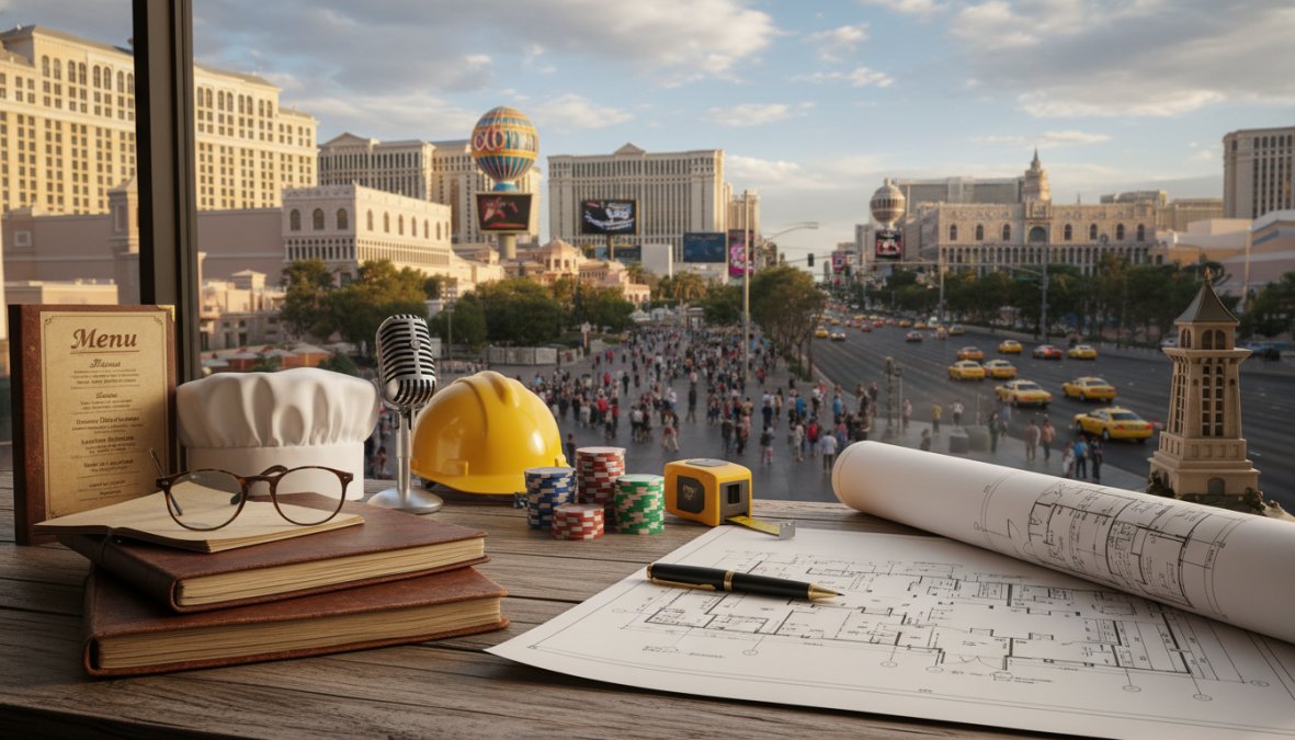 A diverse group of three small business owners standing together outside their storefronts on a sunny Las Vegas street: a contractor in work clothes holding a hard hat, a restaurant worker in an apron, and a retail shop owner in business casual attire, all smiling in bright afternoon sunlight