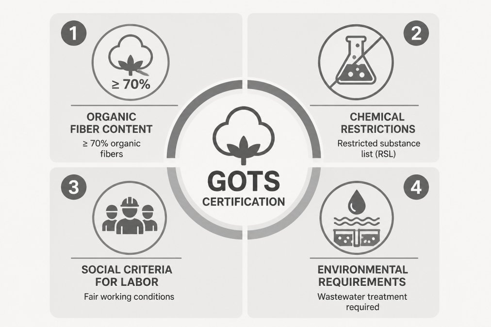 Infographic showing the four pillars of GOTS certified cotton: organic fiber, chemicals, labor, and environment.