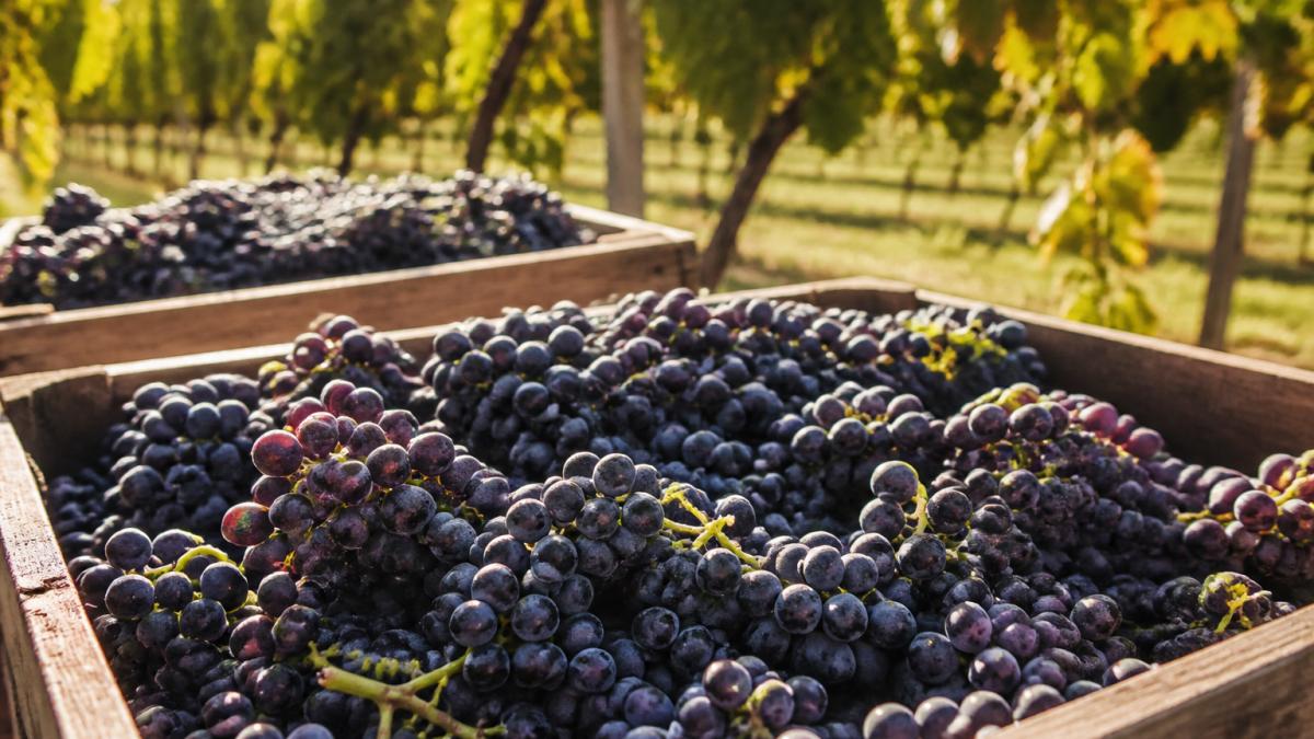 Close-up of freshly harvested wine grapes in wooden crates at a vineyard, with afternoon sunlight filtering through the bunches and dappling the fruit