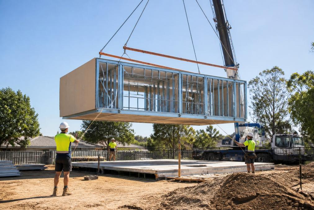 Steel-framed modular home module being lowered into position by crane on a suburban block, workers in high-vis guiding the frame, bright morning light and cleared site