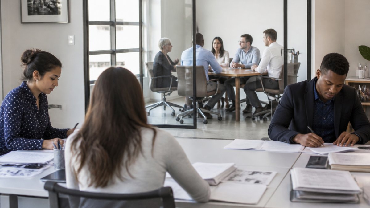 Diverse group of business employees in a modern office setting, some working at desks and others in a meeting room, representing a workplace team covered under a group health plan