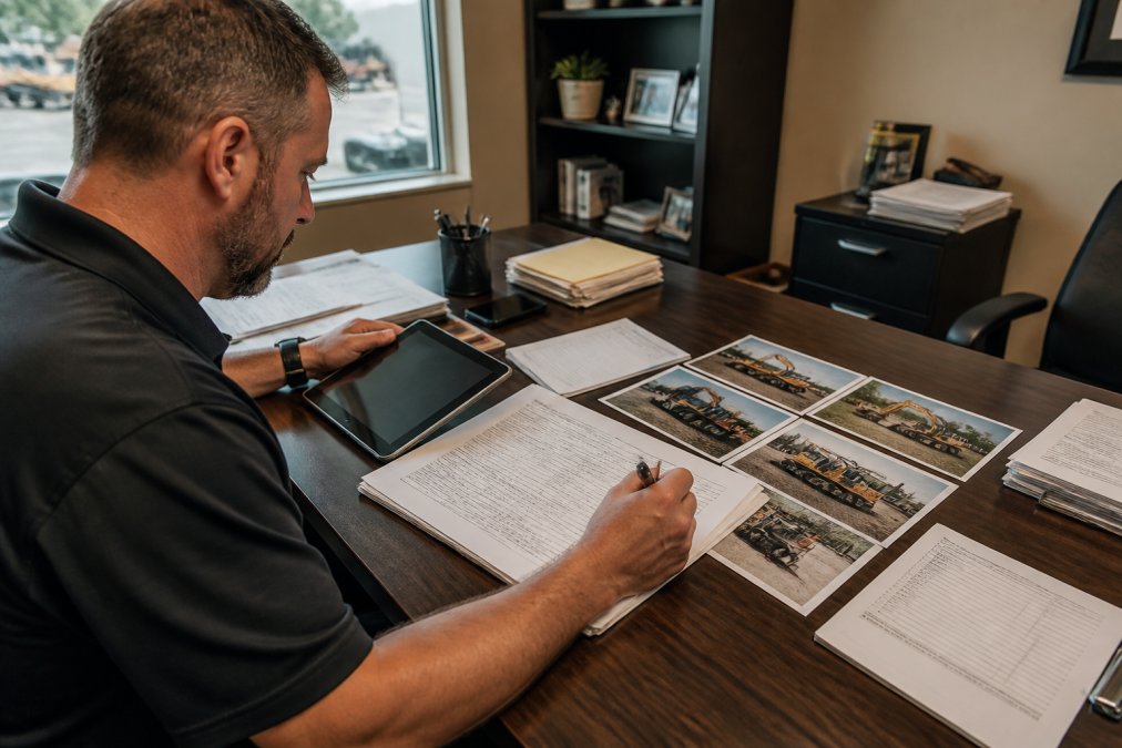 Heavy equipment broker reviewing machinery specifications and detailed condition reports at a professional desk with tablet, inspection photographs, and documentation spread across work surface in well-lit office