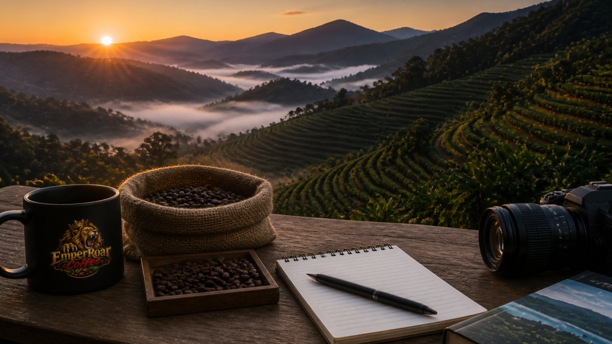 Terraced coffee farm on a steep mountainside at dawn, with rows of coffee trees and mist settling between the hills