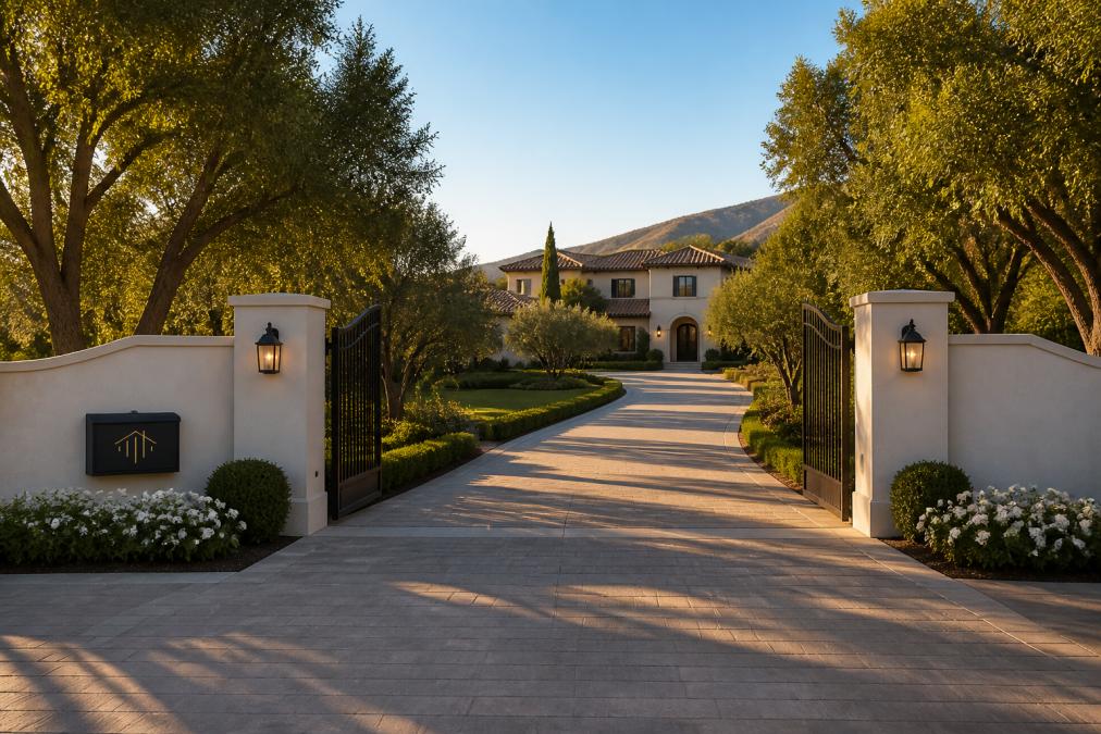 Luxury high-end real estate estate with a gated entrance and mature landscaping bathed in warm afternoon light