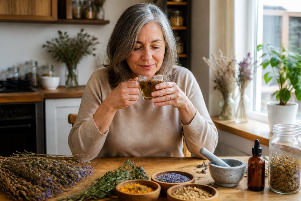 Infographic showing a holistic wellness guide for balancing hormones with natural herbal tea and tinctures