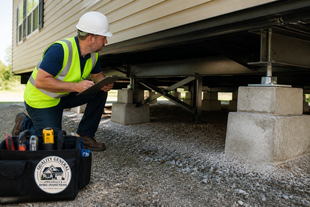A professional inspector in a safety vest and hard hat kneeling beside the pier-and-anchor foundation of a manufactured home, clipboard in hand, inspecting the steel chassis and concrete piers underneath the home on a clear day