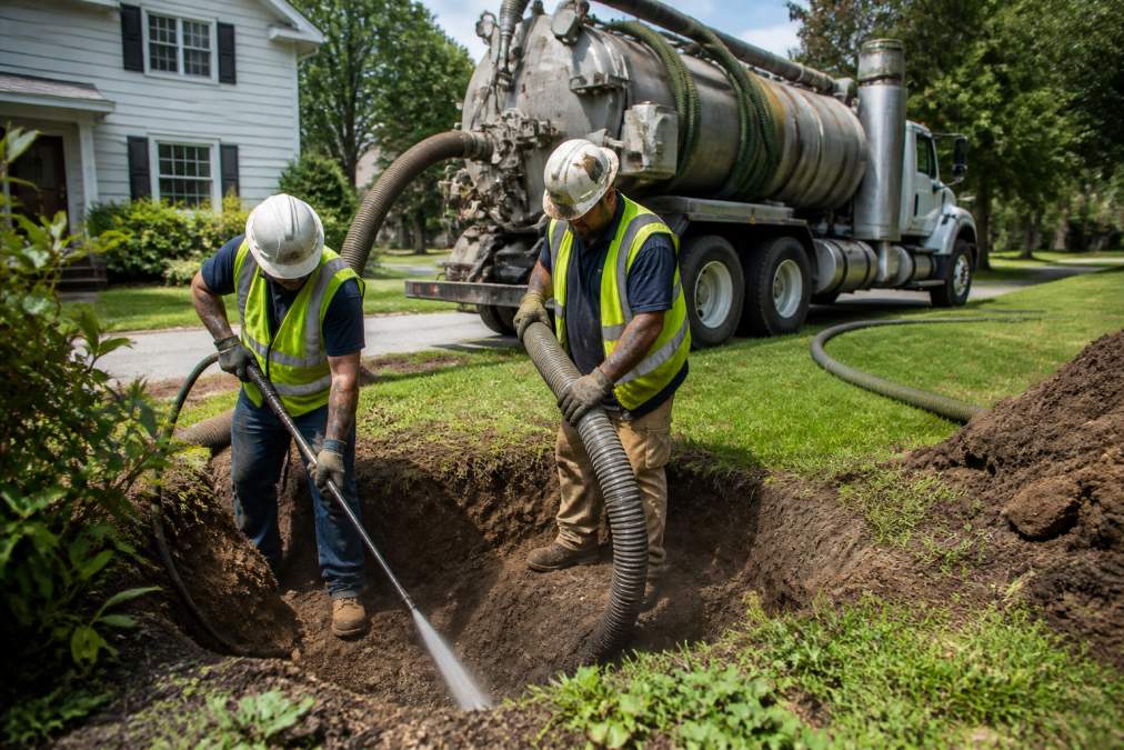 A hydro excavation crew in safety vests and hard hats using a high-pressure water wand and vacuum hose to expose an underground utility line in a residential yard, with a hydrovac truck parked nearby