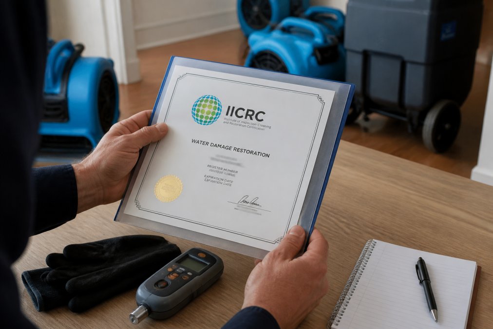 Close-up of hands holding restoration company credentials documentation with IICRC logo and certification details visible under professional lighting