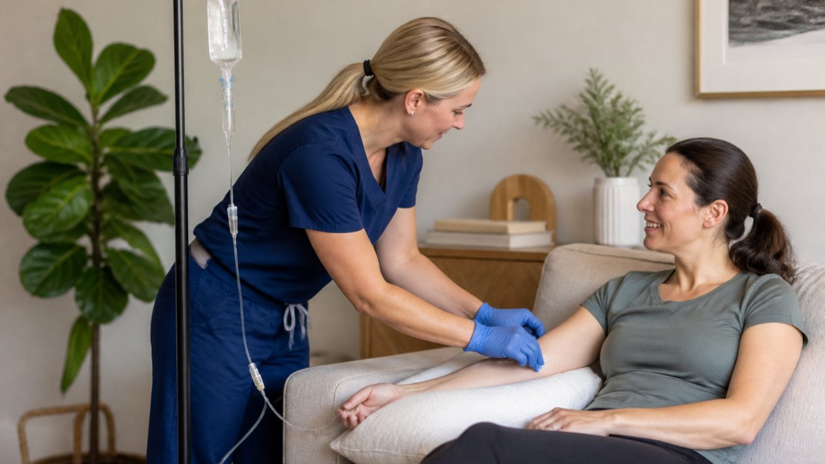 Infographic detailing the step-by-step process of a professional in-home recovery drip IV therapy session.