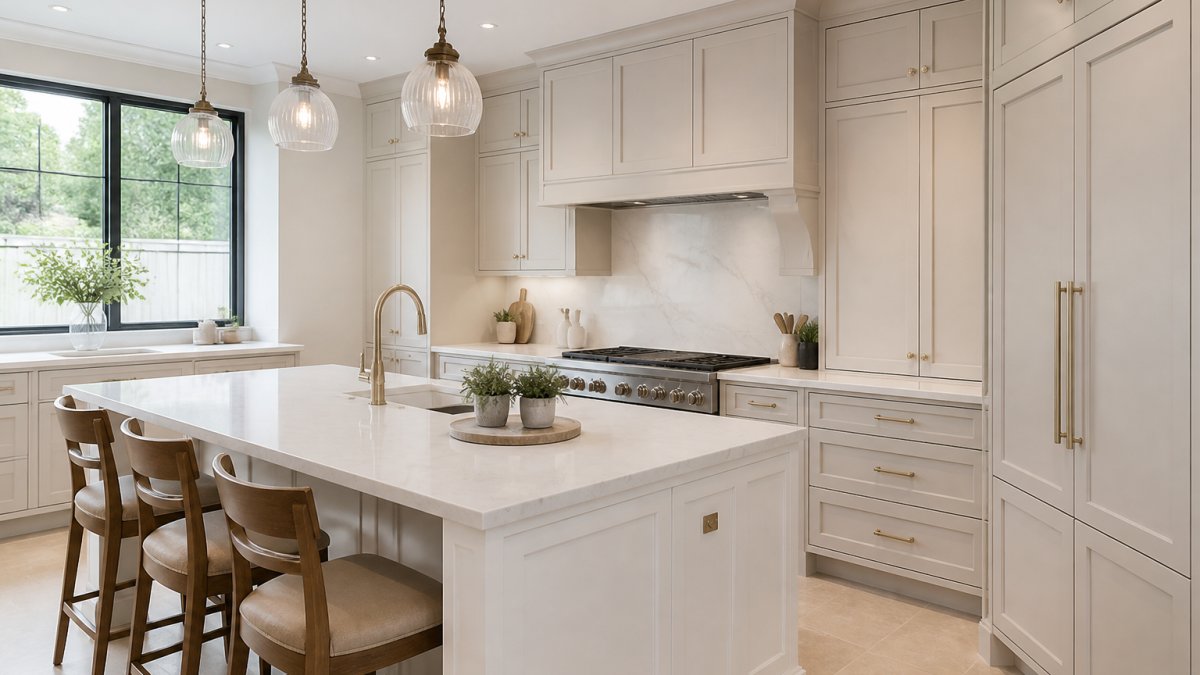 A bright, high-end bespoke kitchen with custom cabinetry, stone worktops and integrated appliances, natural light from a large window, no people, calm and finished feel
