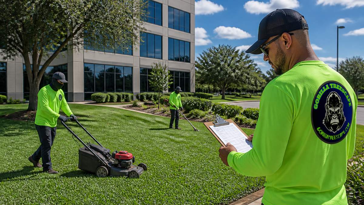 A commercial landscaping crew mowing and edging a large office park lawn on a sunny day, with a supervisor reviewing a clipboard in the foreground