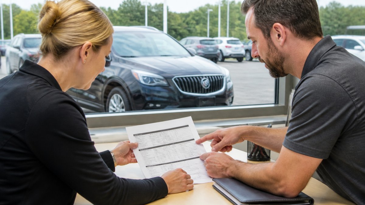A service advisor and a customer reviewing a printed CPO maintenance plan at a dealership service desk, with a Buick SUV visible through the window behind them