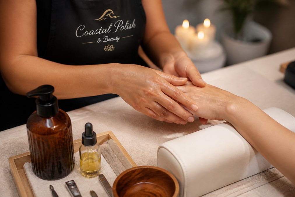 Nail technician gently massaging a client's hand with oil during a luxury manicure in a serene salon