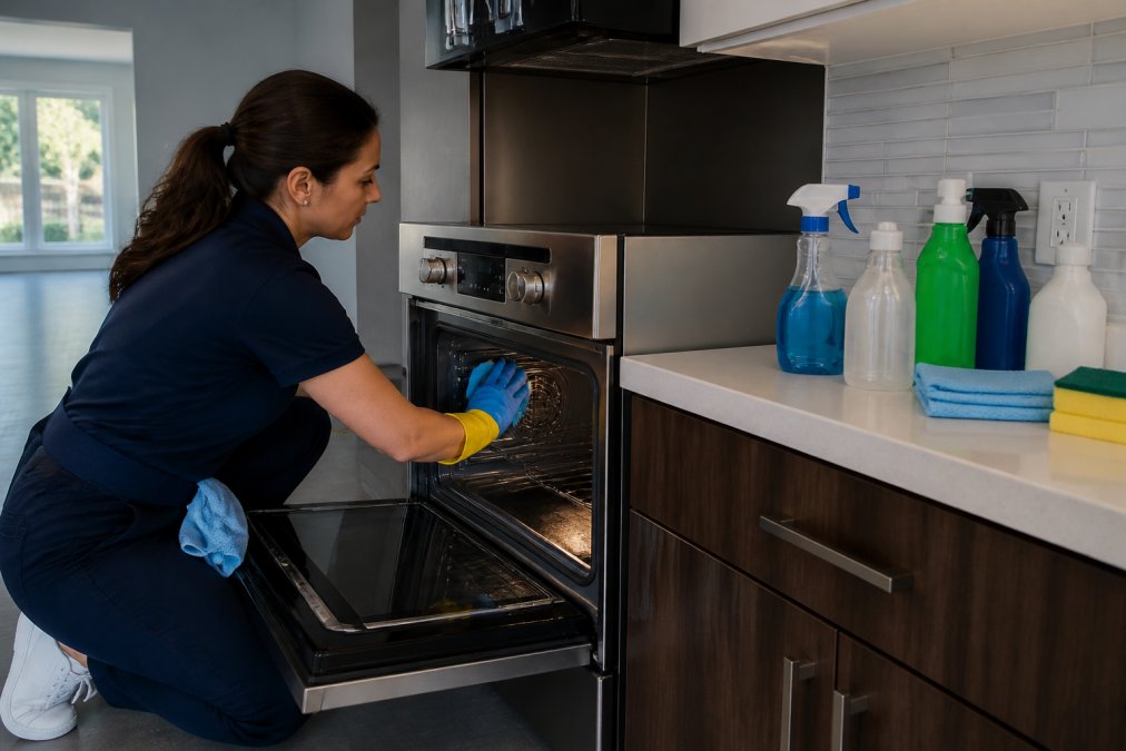 A professional cleaner in uniform scrubbing the inside of a stainless steel oven in a bright, empty apartment kitchen, with cleaning supplies lined up on the counter nearby
