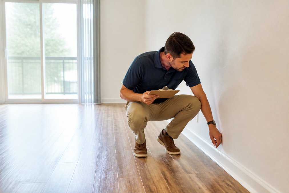 A person holding a clipboard performing a walkthrough inspection of a clean, empty apartment, crouching to check baseboards along a white wall under bright natural light