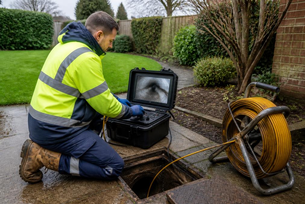 Drainage engineer using CCTV crawler equipment to assess pipe defects for a drainage report.