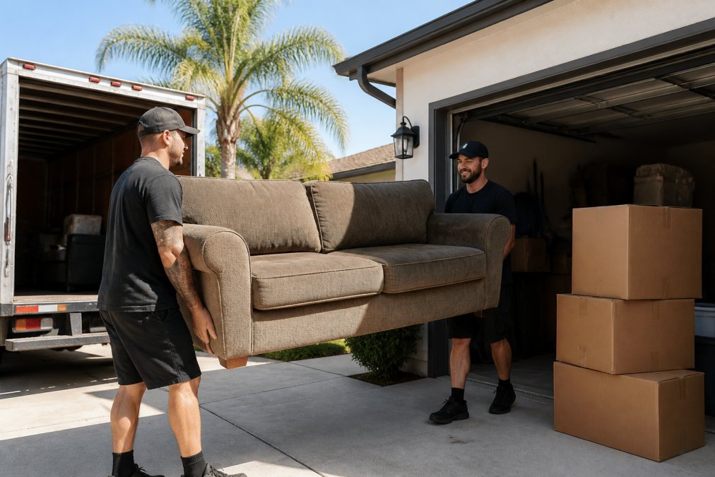 Cleanout crew carrying a sofa and boxes from a garage for a residential cleanout service