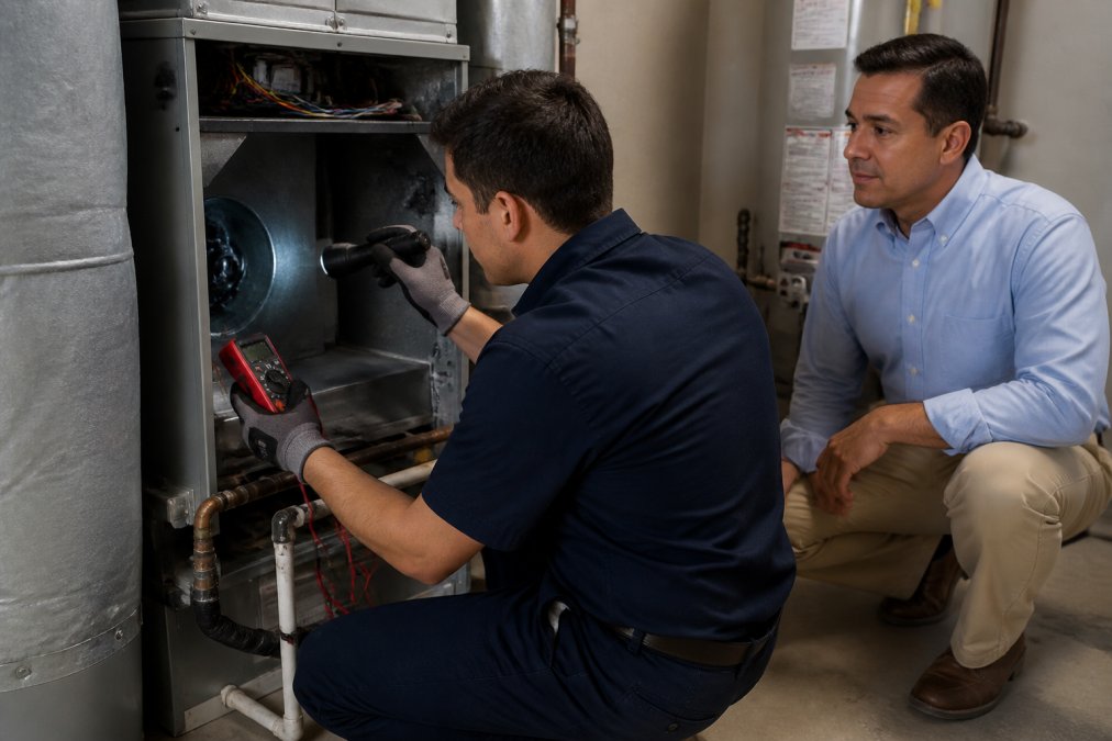 HVAC technician using a multimeter to inspect a blower motor during an HVAC tune-up in a home utility room