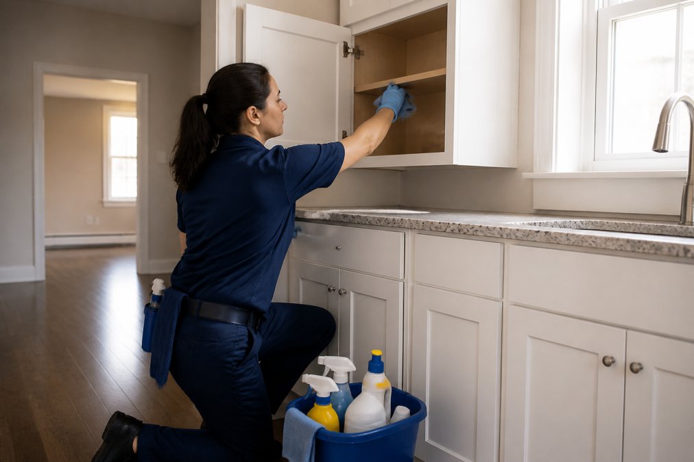 A professional cleaner in uniform wiping down the inside of a kitchen cabinet in an empty apartment, with cleaning supplies nearby and natural light coming through a window