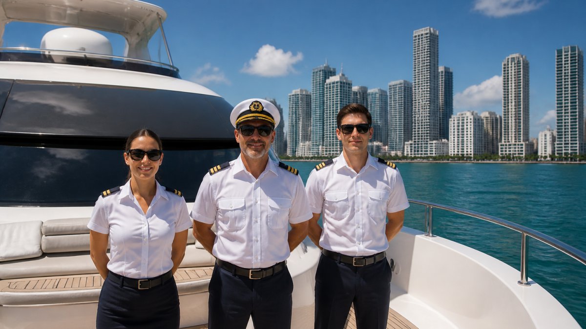 A professional captain and uniformed crew standing on the deck of a luxury yacht in Miami, with the city skyline and water visible behind them under bright daylight