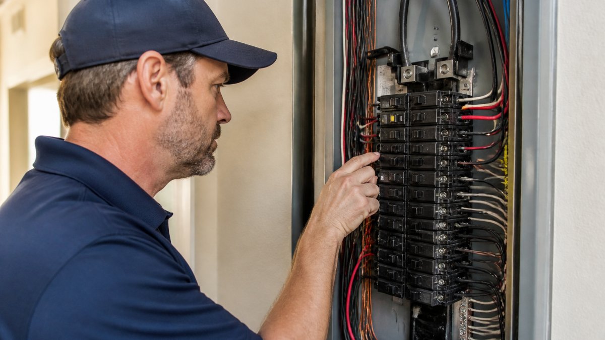 Professional electrician examining interior of open electrical panel showing circuit breakers, wiring connections, and labeling system in well-lit residential setting