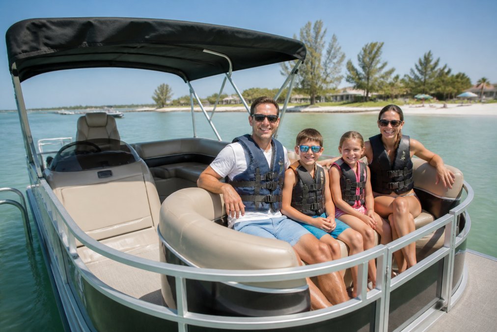 A family wearing life jackets and smiling while relaxing on a modern pontoon boat with a bimini top on calm Gulf waters near the shore