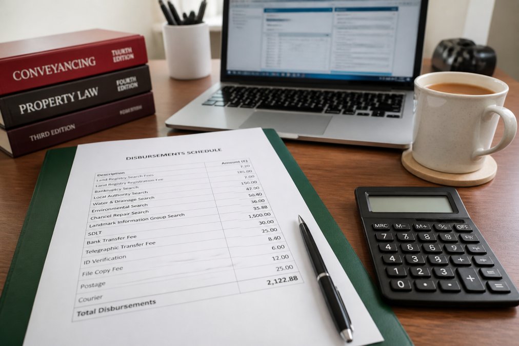 A close-up of a property solicitor's desk in a bright UK office, with a printed disbursements schedule, a calculator, a pen and a cup of tea, a laptop screen showing a case management system in the background