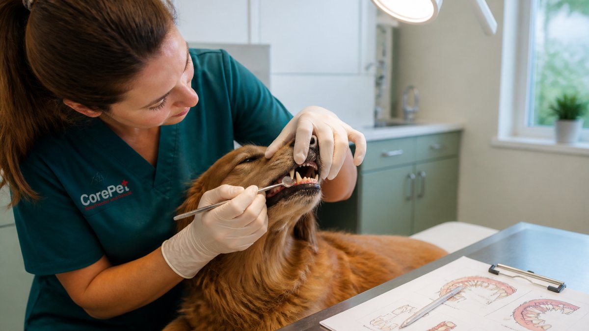 A veterinarian in scrubs examining a dog's teeth with a dental mirror and light in a bright, modern clinic exam room, with a dental chart on the counter
