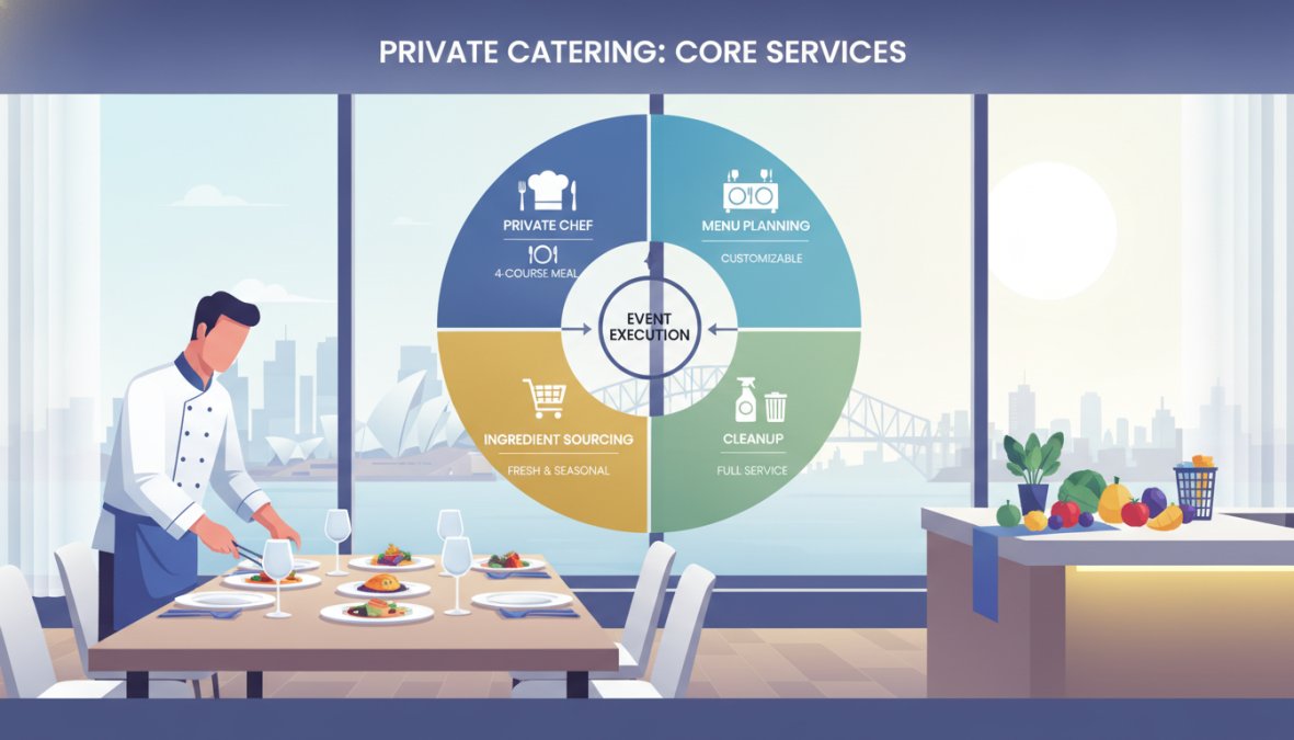 A [private chef](/2026/06/15/private-chef-menu-options-for-events/) in a white uniform plating an elegant four-course meal on a beautifully set dining table in a modern Sydney home, with fresh seasonal ingredients arranged on the kitchen counter under warm ambient lighting