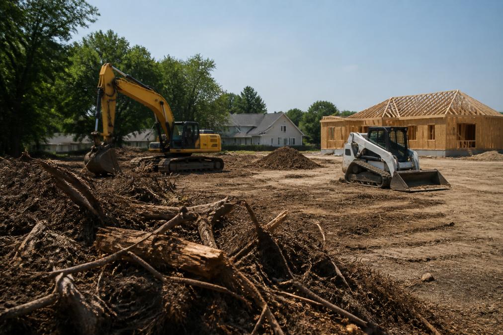 An excavator and skid steer working on a cleared residential lot in a suburban neighborhood, with a pile of removed brush and stumps in the foreground and a house under construction in the background