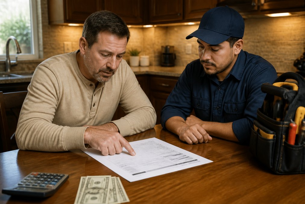 A homeowner and a uniformed plumber sitting at a kitchen table under warm overhead lighting, both reviewing an itemized printed invoice spread flat on the table, the homeowner pointing to a specific line item