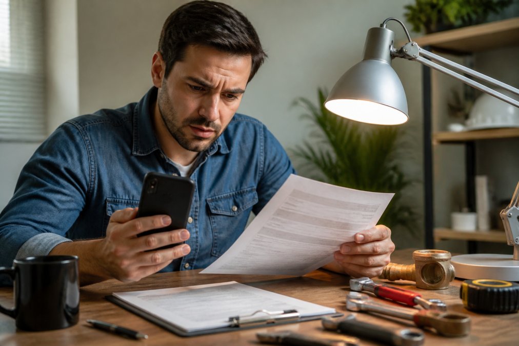 A person sitting at a desk holding a smartphone displaying a service receipt, with a concerned expression, comparing it side by side to a printed quote on the desk under bright desk lamp lighting