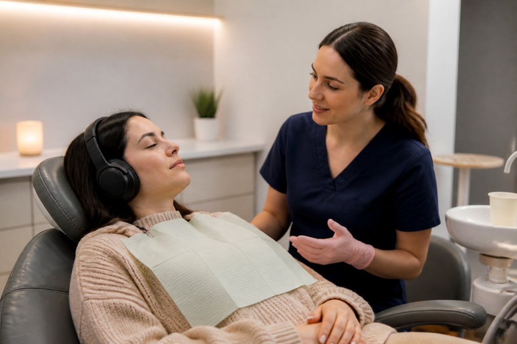 A calm, softly lit dental treatment room with a patient wearing noise-cancelling headphones while a dental hygienist speaks gently beside them, no harsh overhead light