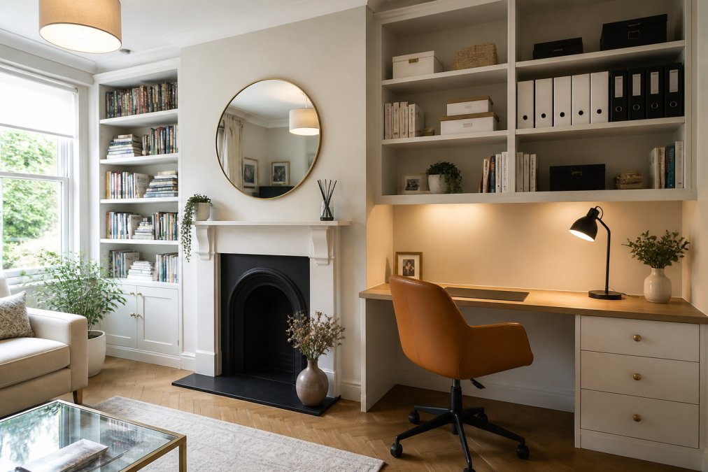 A bright home office with floor-to-ceiling built-in shelving and a desk fitted neatly into an alcove beside a chimney breast, with a laptop, desk lamp and organised files visible