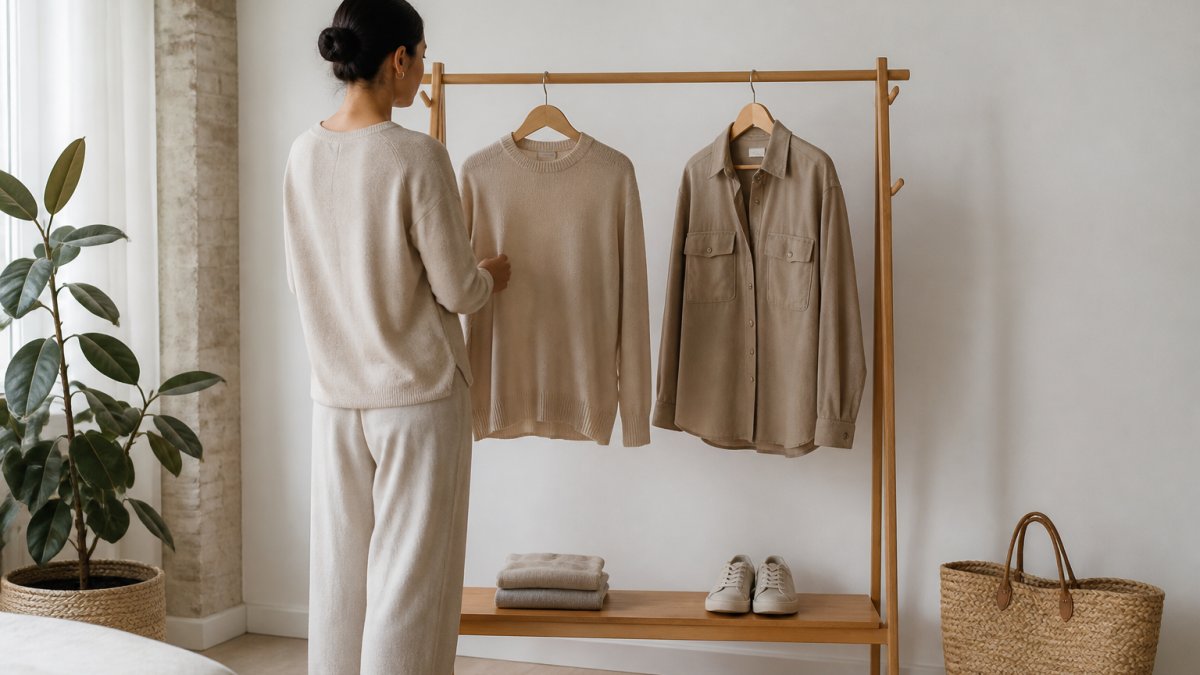 A person in a minimalist neutral-toned outfit standing in a bright, uncluttered room, choosing between two quality garments hanging on a simple wooden rack