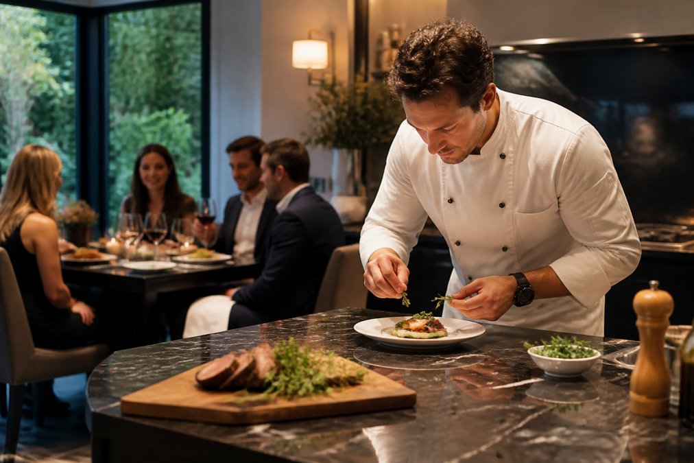 A professional chef in a white uniform plating a gourmet dish at a client's elegant home kitchen counter while guests watch from the dining area