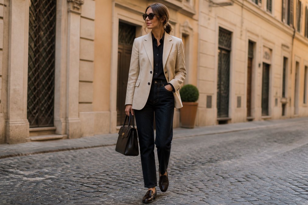 A stylish woman walking on a cobblestone street wearing a tailored beige blazer, dark jeans, and leather loafers, carrying a structured handbag, with a relaxed and confident posture