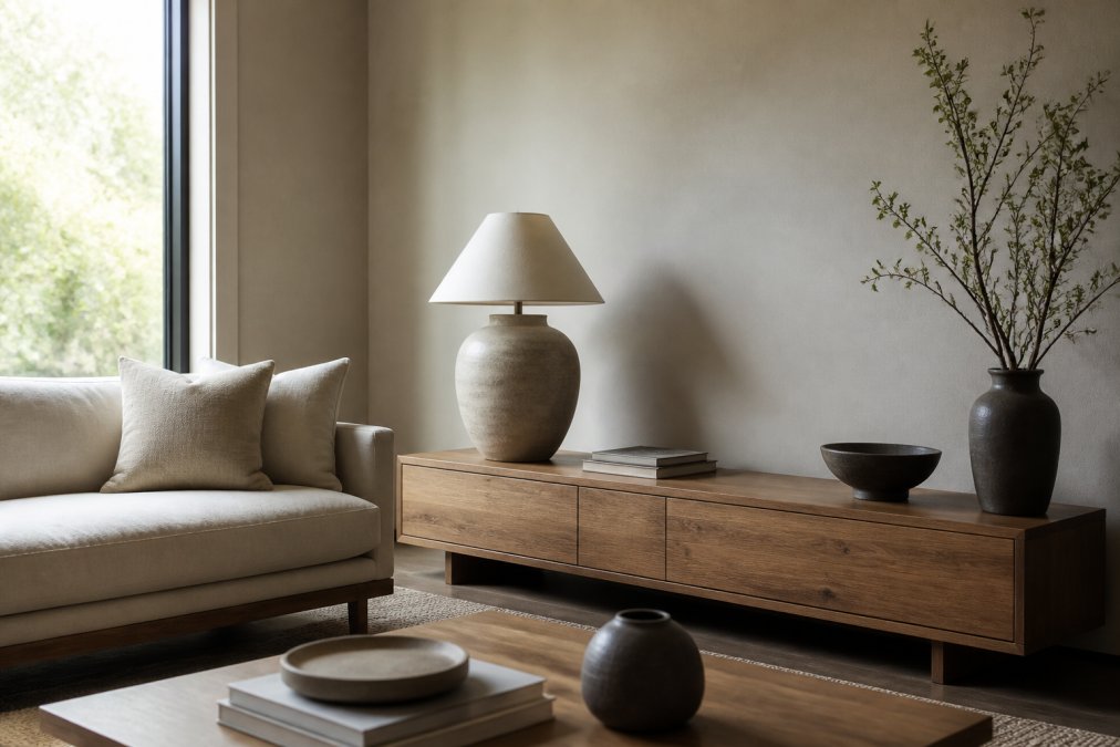 A serene Japandi-inspired living room with a low wooden console, a sculptural stone table lamp, and a neutral linen sofa, bathed in soft natural light from a large window