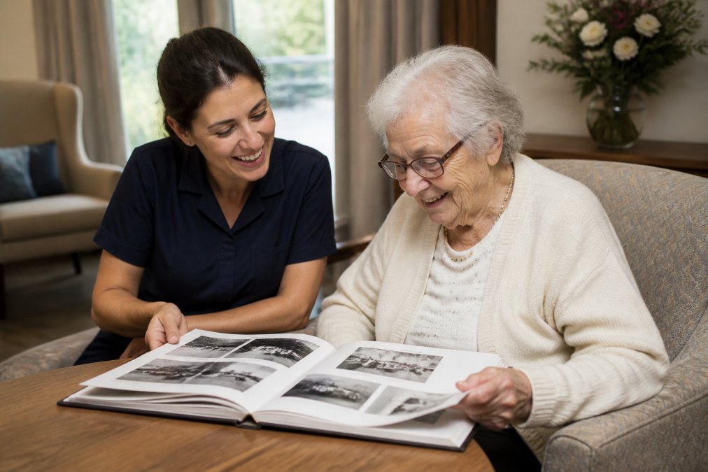 Infographic showing the life story work process using a photo book to engage seniors in reminiscence therapy