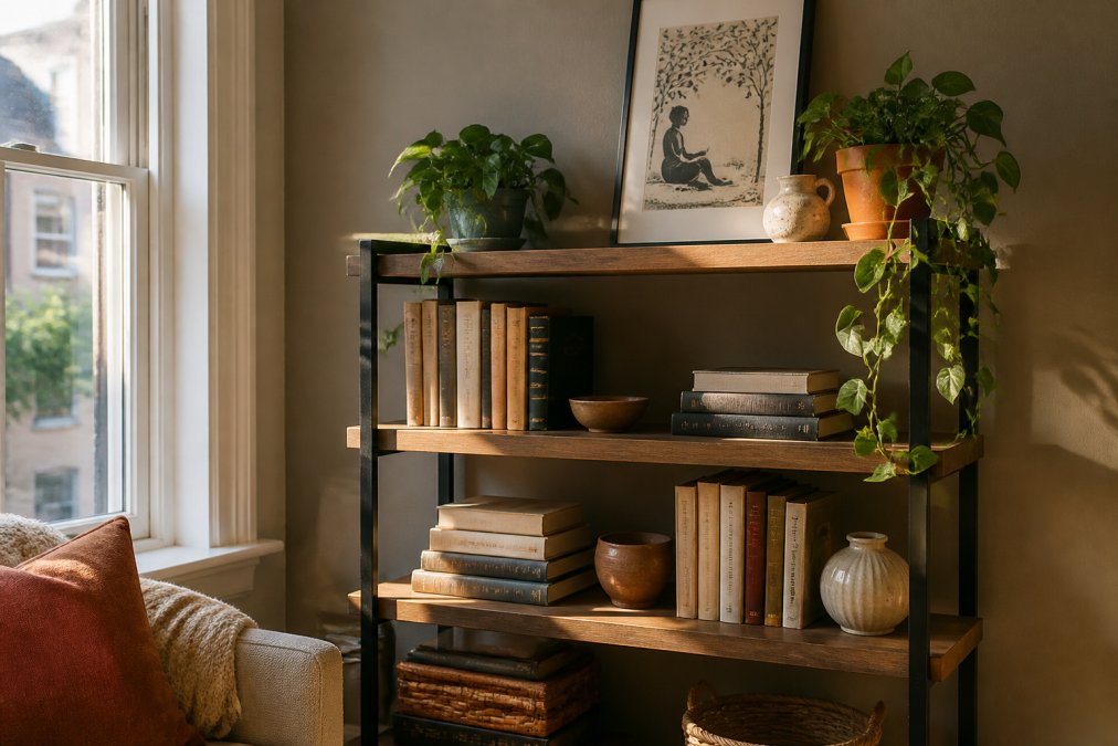 Cozy bookshelf with stacked books, ceramic decor, and a literary print reflecting what is literary inspired home decor style