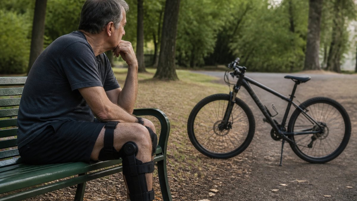 A person sitting on a park bench looking at a bicycle they can no longer ride after a serious injury, with a thoughtful expression